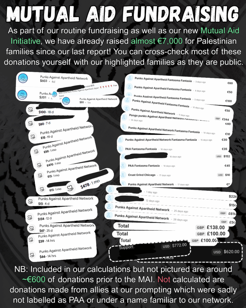 Slide 10: MUTUAL AID FUNDRAISING

As part of our routine fundraising as well as our new Mutual Aid Initiative, we have already raised almost €7,000 for Palestinian families since our last report! You can cross-check most of these donations yourself with our highlighted families as they are public.

[40 screenshots of GoFundMe, SpotFund, and Chuffed donation receipts from Punks Against Apartheid & allied members]

NB: Included in our calculations but not pictured are around ~€600 of donations prior to the MAI. Not calculated are donations made from allies at our prompting which were sadly not labelled as PAA or under a name familiar to our network.