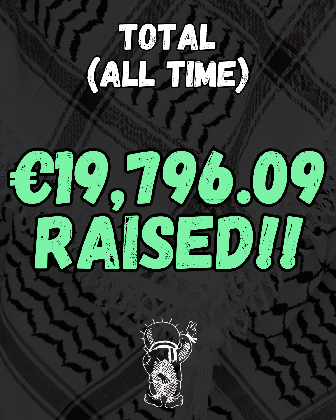 TOTAL
(All TIME)
€19,796.09 raised!!
A white silhouette drawing of the Handhala holding up a peace sign with his right hand.