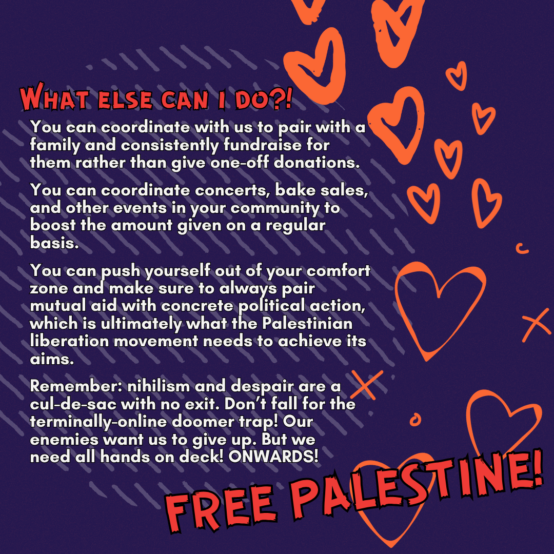 What else can i do?!
You can coordinate with us to pair with a family and consistently fundraise for them rather than give one-off donations.
You can coordinate concerts, bake sales, and other events in your community to boost the amount given on a regular basis.
You can push yourself out of your comfort zone and make sure to always pair mutual aid with concrete political action, which is ultimately what the Palestinian liberation movement needs to achieve its aims.
Remember: nihilism and despair are a cul-de-sac with no exit. Don’t fall for the terminally-online doomer trap! Our enemies want us to give up. But we need all hands on deck! ONWARDS!
FREE PALESTINE!!