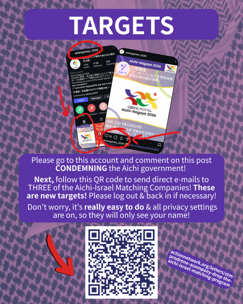 TARGETS

[Screenshot of the @aichi_now_en Instagram account, with the top pinned post circled in red, and another screenshot of that pinned post zoomed in with more red circles to make clear where to post]

Please go to this account and comment on this post CONDEMNING the Aichi government!

Next, follow this QR code to send direct e-mails to TWO of the Aichi-Israel Matching Companies! These are new targets! Please log out & back in if necessary!

Don't worry, it's really easy to do & all privacy settings are on, so they will only see your name!

[Red arrow pointing to a QR code & URL: actionnetwork.org/letters/stm-prodrone-acompany-drop-the-aichi-israel-matching-program]