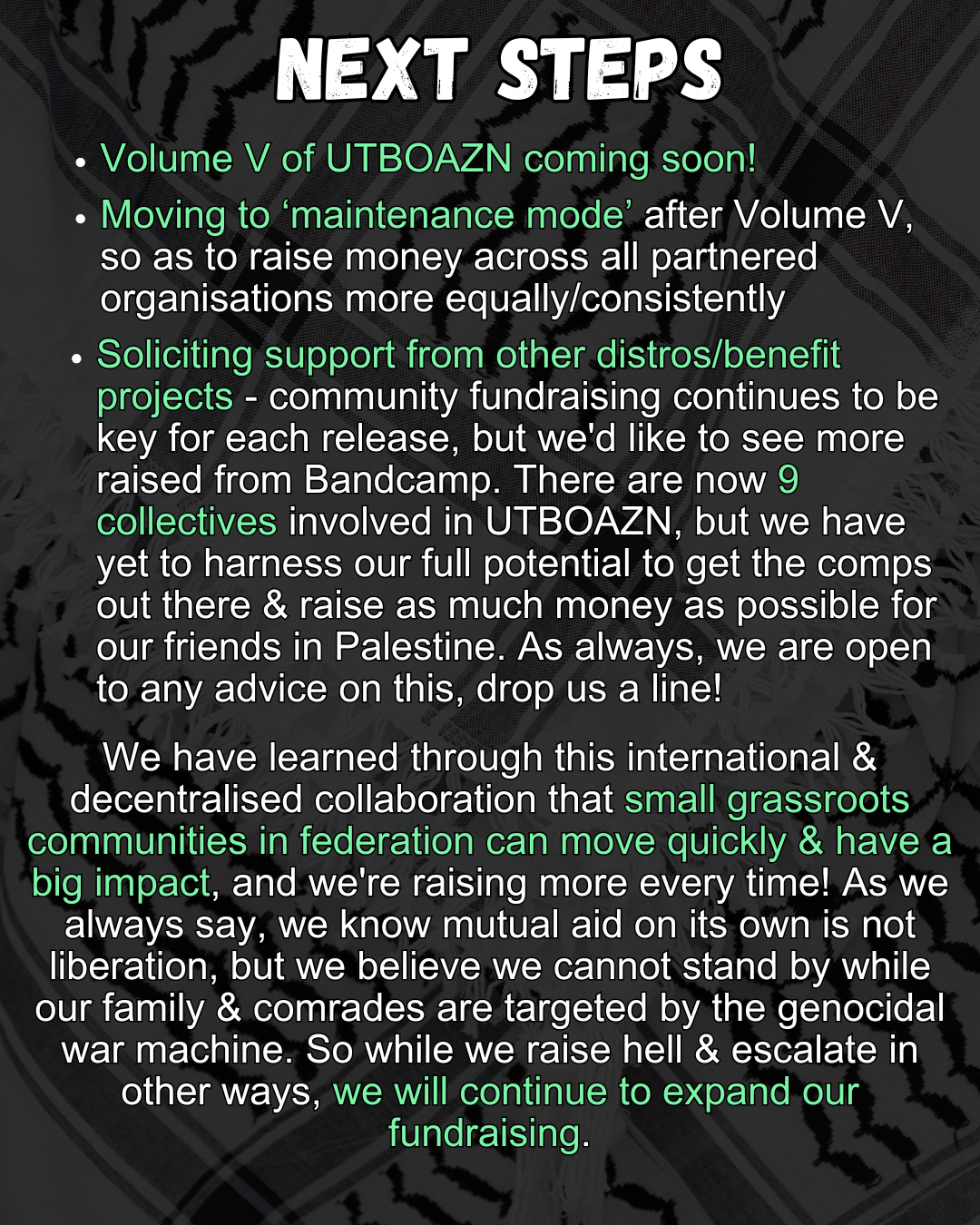 Slide 9: NEXT STEPS
Soliciting support from other distros/benefit projects - community fundraising continues to be key for each release, but we'd like to see more raised from Bandcamp. There are now 9 collectives involved in UTBOAZN, but we have yet to harness our full potential to get the comps out there & raise as much money as possible for our friends in Palestine. As always, we are open to any advice on this, drop us a line!
Moving to ‘maintenance mode’ after Volume V, so as to raise money across all partnered organisations more equally/consistently
Volume V of UTBOAZN coming soon!
We have learned through this international & decentralised collaboration that small grassroots communities in federation can move quickly & have a big impact, and we're raising more every time! As we always say, we know mutual aid on its own is not liberation, but we believe we cannot stand by while our family & comrades are targeted by the genocidal war machine. So while we raise hell & escalate in other ways, we will continue to expand our fundraising.