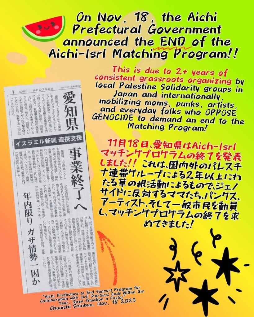 A watermelon with a smily face with a bunch of stars & squiggly lines in the upper left corner.

On Nov. 18, the Aichi Prefectural Government announced the END of the Aichi-Isrl Matching Program!!

This is due to 2+ years of consistent grassroots organizing by local Palestine Solidarity groups in Japan and internationally, mobilizing moms, punks, artists, and everyday folks who OPPOSE GENOCIDE to demand an end to the Matching Program!

11月18日、愛知県はAich-Isrlマッチングプログラムの終了を発表しました！！ これは、国内外のパレスチナ連帯グループによる2年以上にわたる草の根活動によるもので、ジェノサイドに反対するママたち、パンクス、アーティスト、そして一般市民を動員し、マッチングプログラムの終了を求めてきました！

On th left, a long vertical newspaper clipping of a Japanese article.

A red arrow pointing at the article and the text: "“Aichi Prefecture to End Support Program for Collaboration with Isrli Startups; Ends Within the Year, Gaza Situation a Factor”
Chunichi Shinbun, Nov. 18 2025."