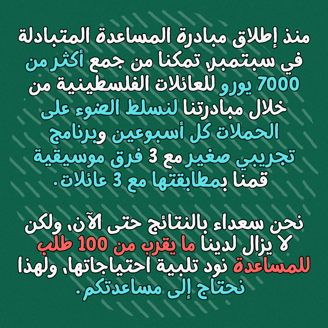 منذ إطلاق مبادرة المساعدة المتبادلة في سبتمبر، تمكنا من جمع أكثر من 7000 يورو للعائلات الفلسطينية من خلال مبادرتنا لنسلط الضوء على الحملات كل أسبوعين وبرنامج تجريبي صغير مع 3 فرق موسيقية قمنا بمطابقتها مع 3 عائلات
نحن سعداء بالنتائج حتى الآن، ولكن لا يزال لدينا ما يقرب من 100 طلب للمساعدة نود تلبية احتياجاتها، ولهذا نحتاج إلى مساعدتكم