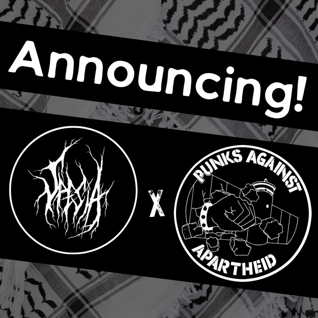 Image with a faded kuffiyeh pattern in the background overlaid with text & image blocks.
On top, it reads ‘Announcing!’ diagonally overlaid in white on a black strip, and below, two circular logos outlined in white on their own black strip.
The one on the left is a circular logo with highly stylised, tall, vine-y, thorn-y letters reading SPESIA.
The one on the right is the Punks Against Apartheid logo, which shows a fist with a spikey bracelet punching through the apartheid wall & the text ‘PUNKS AGAINST APARTHEID’ around the circle’s edge.