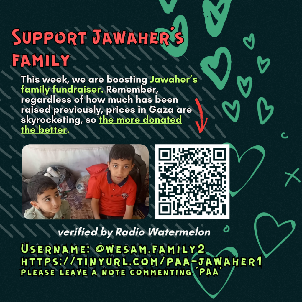 Support Jawaher's family

This week, we are boosting Jawaher's family fundraiser. Remember, regardless of how much has been raised previously, prices in Gaza are skyrocketing, so the more donated the better. 

Picture of a family looking at the camera and a QR code to tinyurl.com/paa-jawaher1

verified by Radio Watermelon

Username: @wesam.family2
https://tinyurl.com/paa-jawaher1
please leave a note commenting 'PAA'