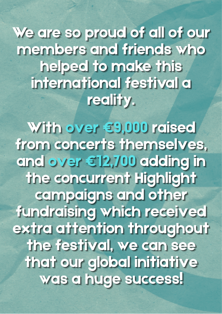 We are so proud of all of our members and friends who helped to make this international festival a reality.

With over €9,000 raised from concerts themselves, and over €12,700 adding in the concurrent Highlight campaigns and other fundraising which received extra attention throughout the festival, we can see that our global initiative was a huge success!