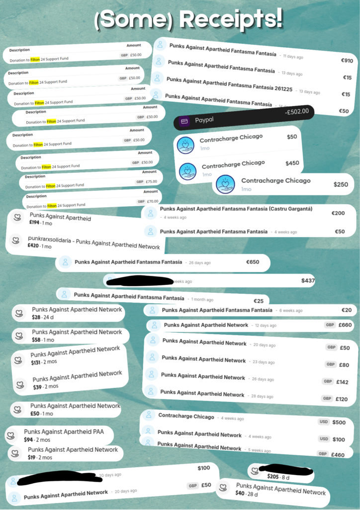 (Some) Receipts!

Around 50+ screenshots of donations to various fundraisers, in varying amounts, from Punks Against Apartheid & some member groups.