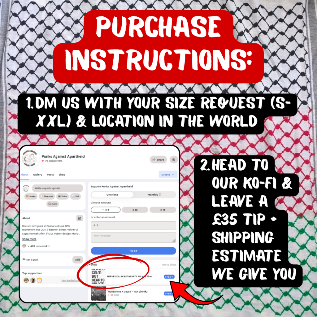 PURCHASE INSTRUCTIONS:

1. DM us with your size request (S-XXL) & location in the world

2. head to our ko-fi & leave a £35 tip + shipping estimate we give you

arrow pointing to Ko-Fi page with the entry for the NERVES CALM BUT HEARTS ABLAZE zine circled