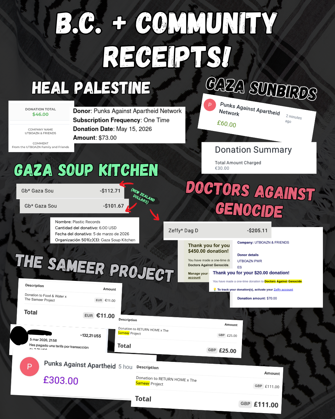 B.C . + COMMUNITY RECEIPTS!
HEAL Palestine, Gaza Sunbirds, Gaza Soup Kitchen, Doctors Against Genocide, The Sameer Project screenshots of receipts. Character limit prevents listing all the details of receipts. Alternative resource for text-based receipts being worked on for website.