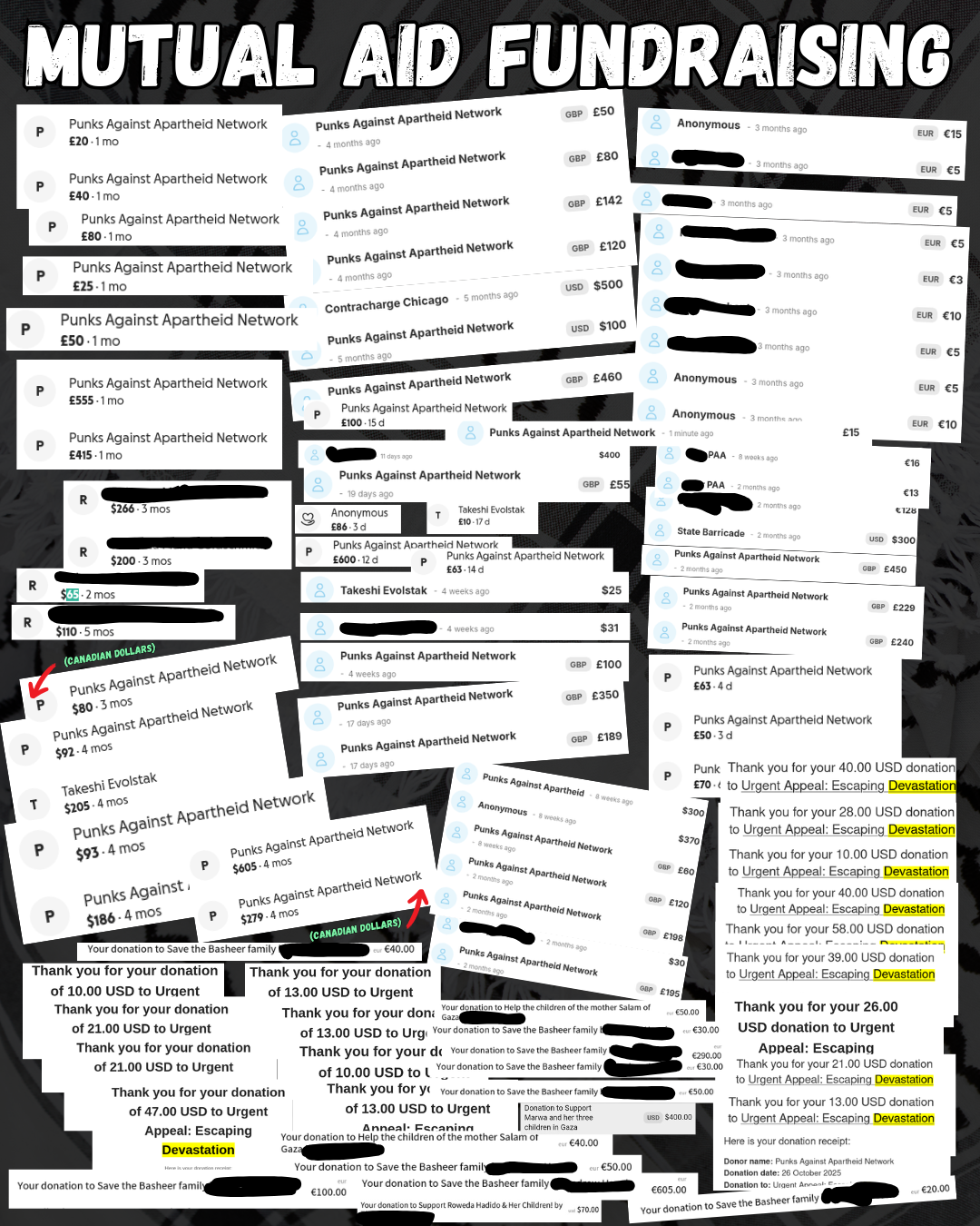 MUTUAL AID FUNDRAISING
Screenshots of receipts. Character limit prevents listing all the details of receipts. Alternative resource for text-based receipts being worked on for website.