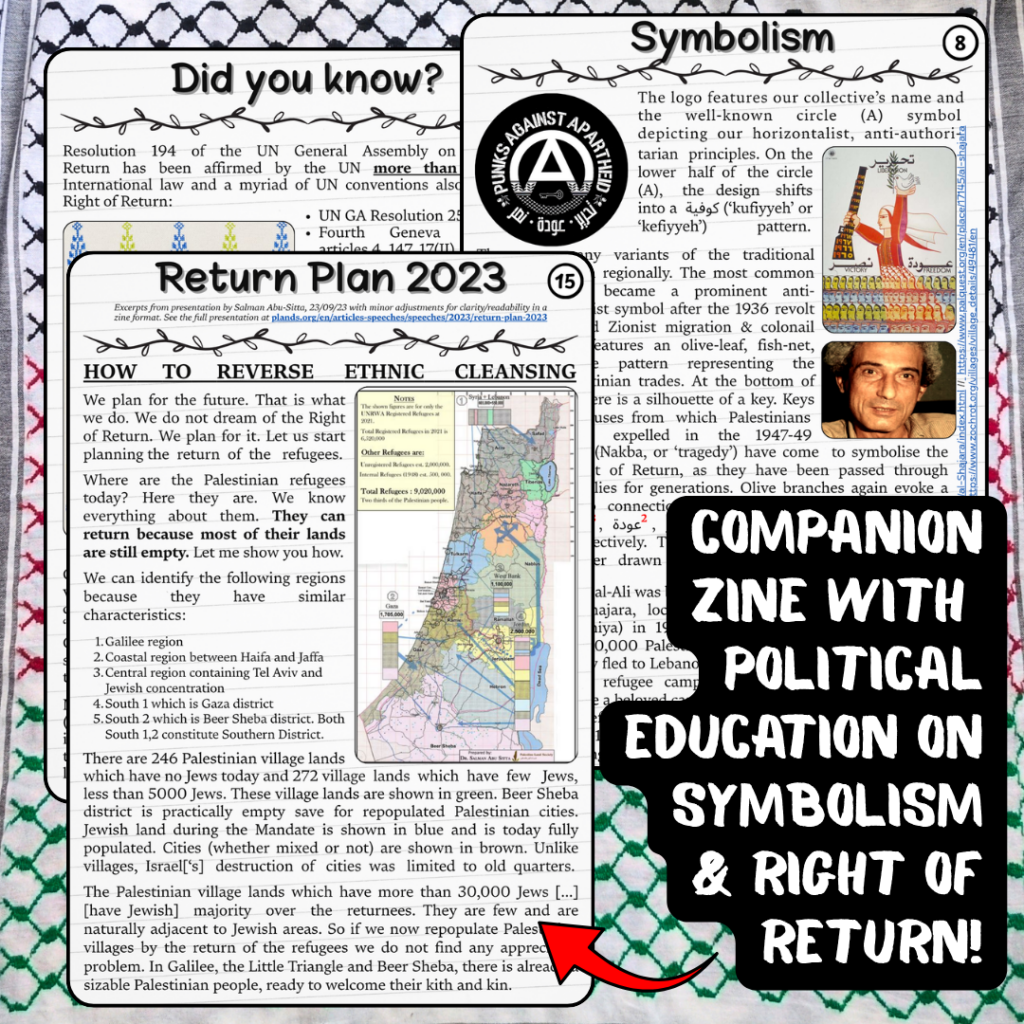 COMPANION ZINE WITH POLITICAL EDUCATION ON SYMBOLISM & RIGHT OF RETURN! with an arrow pointing to three small screenshots of pages from the zine.
1st: 'Did you know?' with cut-off info about the Right of Return in international law
2nd: 'Symbolism' with hard-to-read but slightly visible text showing images related to the circle (A) logo, the Palestinian poster which inspired it, and a photo of Naji al-Ali.
3rd: 'Return Plan 2023'. Hard-to-read text but visible is a large map of Palestine with arrows and marks on it.