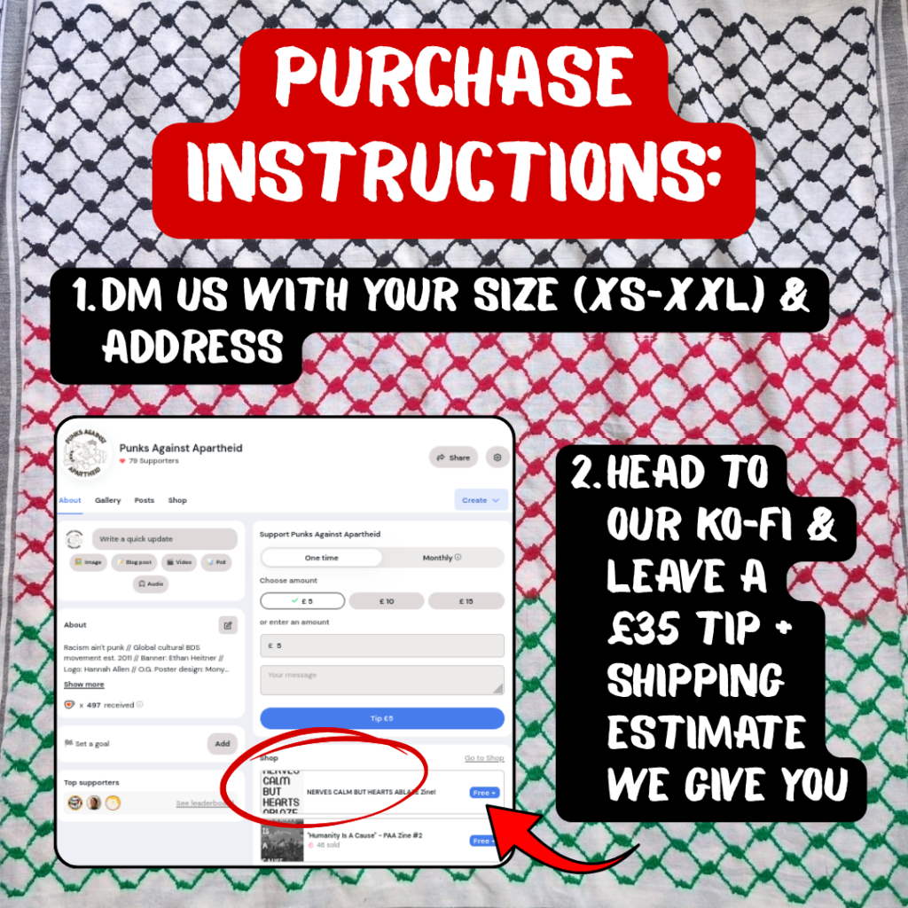 PURCHASE INSTRUCTIONS:
1. DM us with your size request (XS-XXL) & address
2. head to our ko-fi & leave a £35 tip + shipping estimate we give you
arrow pointing to Ko-Fi page with the entry for the NERVES CALM BUT HEARTS ABLAZE zine circled